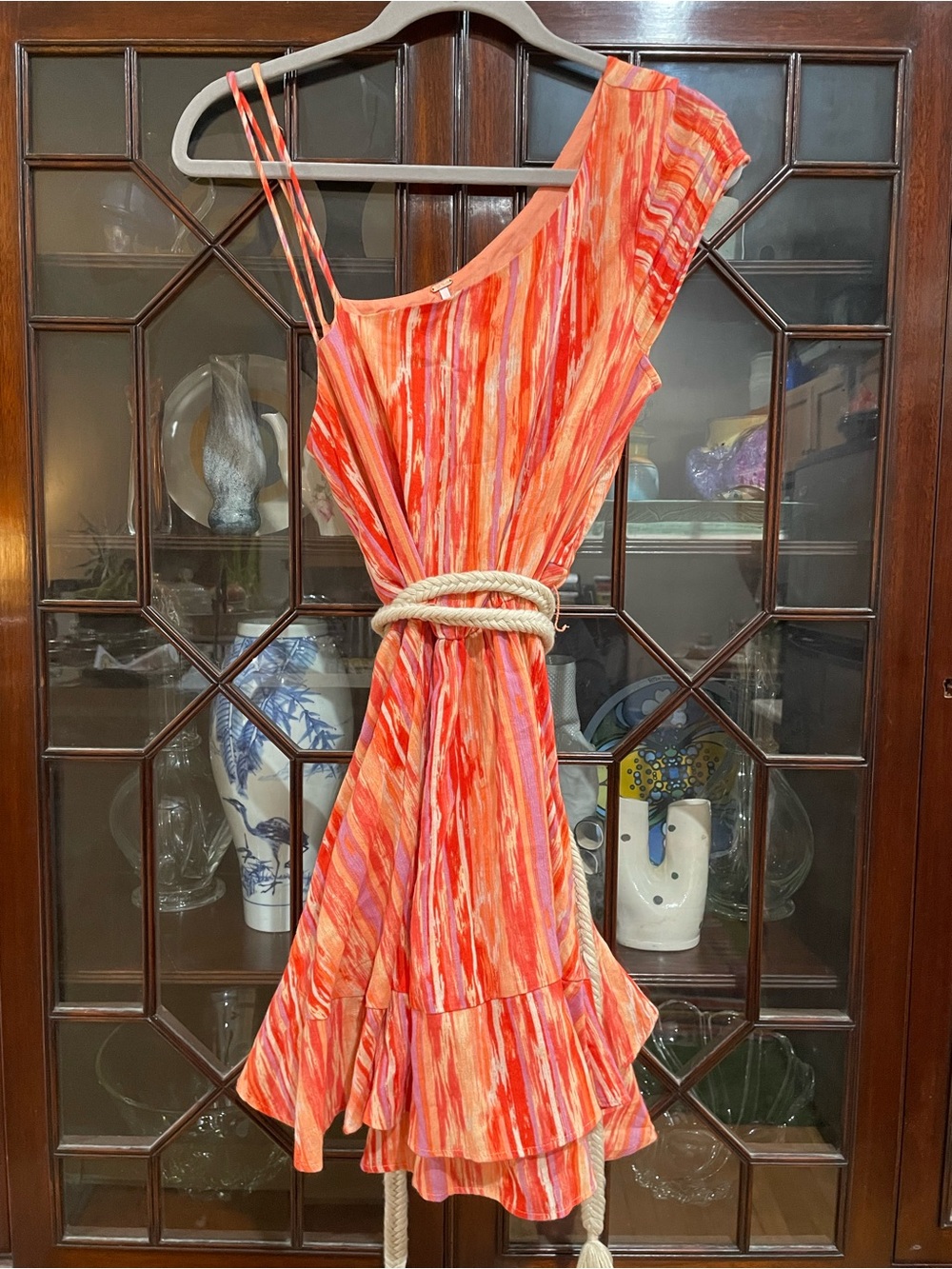 Free People Orange and Pink Striped One-Shoulder Lined Belted Midi Dress Cotton